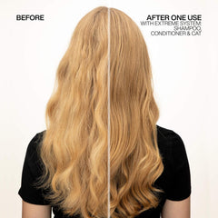 Redken Extreme Conditioner label close-up highlighting Strength Complex for fortified hair.