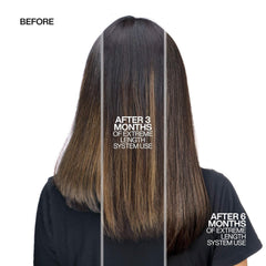 Redken Extreme Length Shampoo label close-up highlights biotin and strengthening benefits.