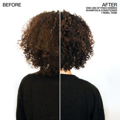 Hands applying Redken Rebel Tame for frizz control on hair strands