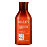 Redken Frizz Dismiss Shampoo bottle displaying sleek bottle for frizz control.