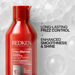 Redken Frizz Dismiss label close-up highlighting sulfate-free formula.