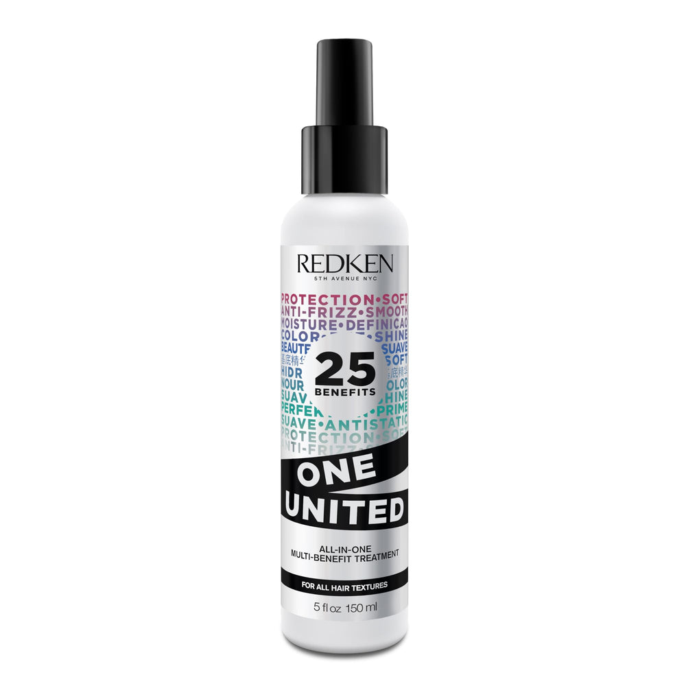 Redken One United bottle pour showing lightweight conditioning for all hair types