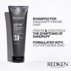 Close-up of Redken label highlighting pyrithione zinc for anti-flake action.