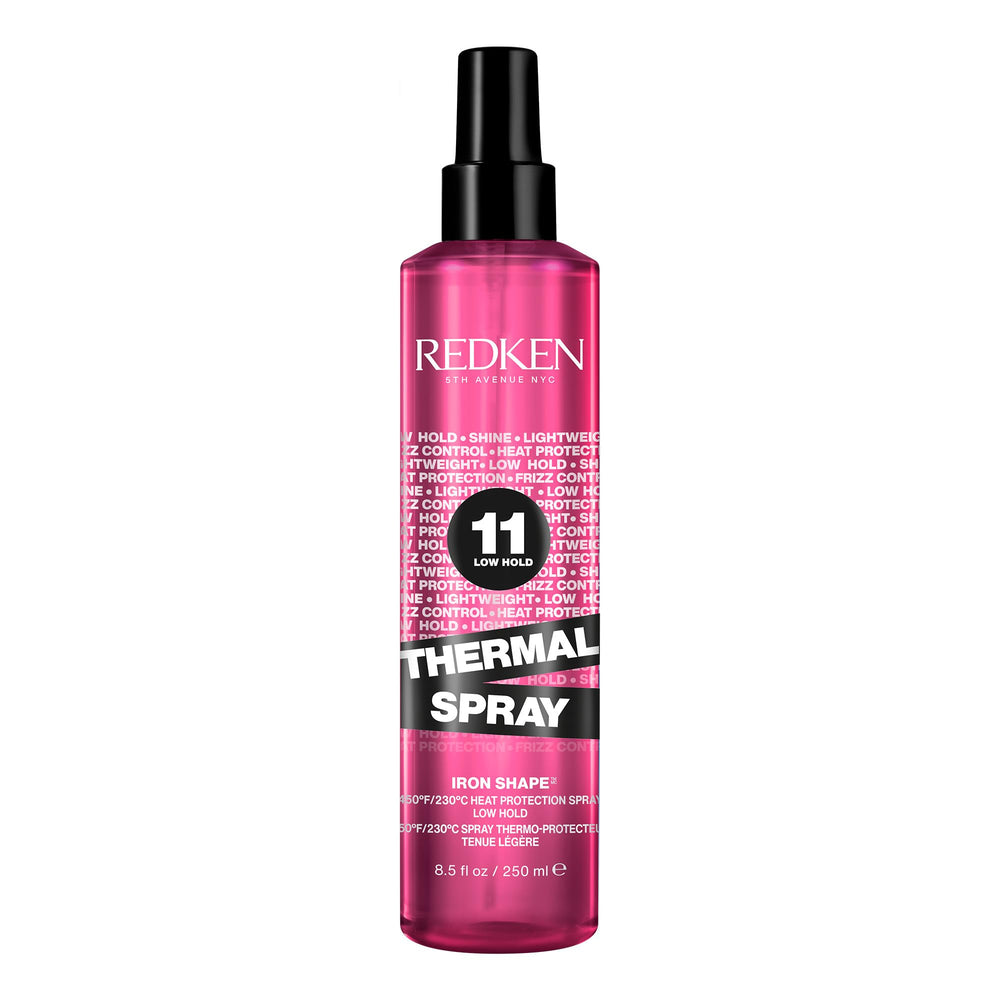Redken Thermal Spray 11 Low Hold bottle showing heat protection and shine