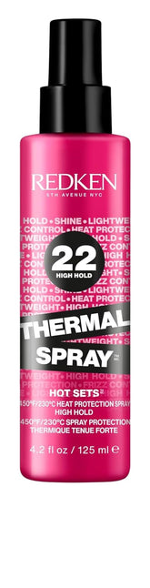 Redken Thermal Spray 22 bottle closeup highlighting heat protection up to 450°F.