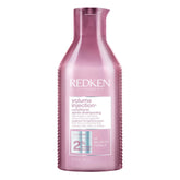 Redken Volume Injection Conditioner bottle front showing lightweight lift for fine hair.