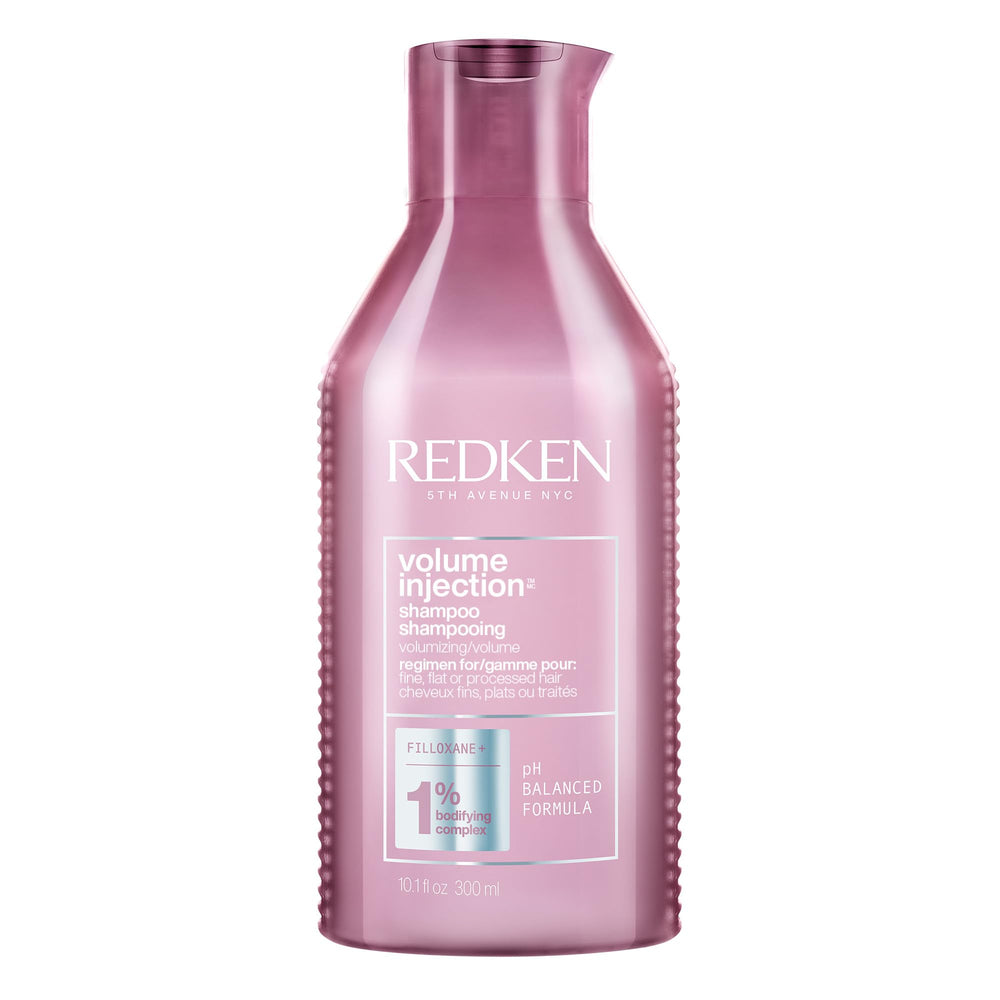 Redken Volume Injection Shampoo bottle showing lightweight lift for fine hair