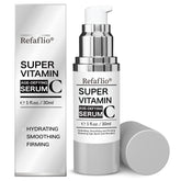 Refaflio Super Vitamin C Serum in orange bottle highlighting hydration benefits.
