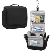 Relavel hanging toiletry bag opened to show ample capacity for travel essentials