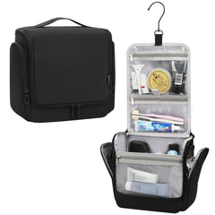 Relavel hanging toiletry bag opened to show ample capacity for travel essentials