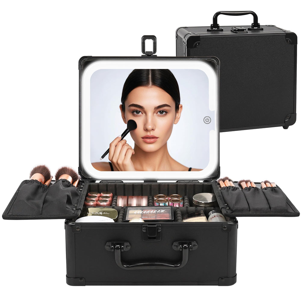 Relavel makeup bag with LED mirror providing portable lighting for precise makeup on the go.