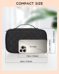 Relavel two-layer makeup bag opened to reveal organized compartments.