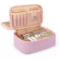 Relavel pink strip makeup bag front view showing compact travel-friendly design