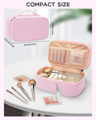 Relavel pink strip makeup bag top-layer open view with organized lipsticks and brushes