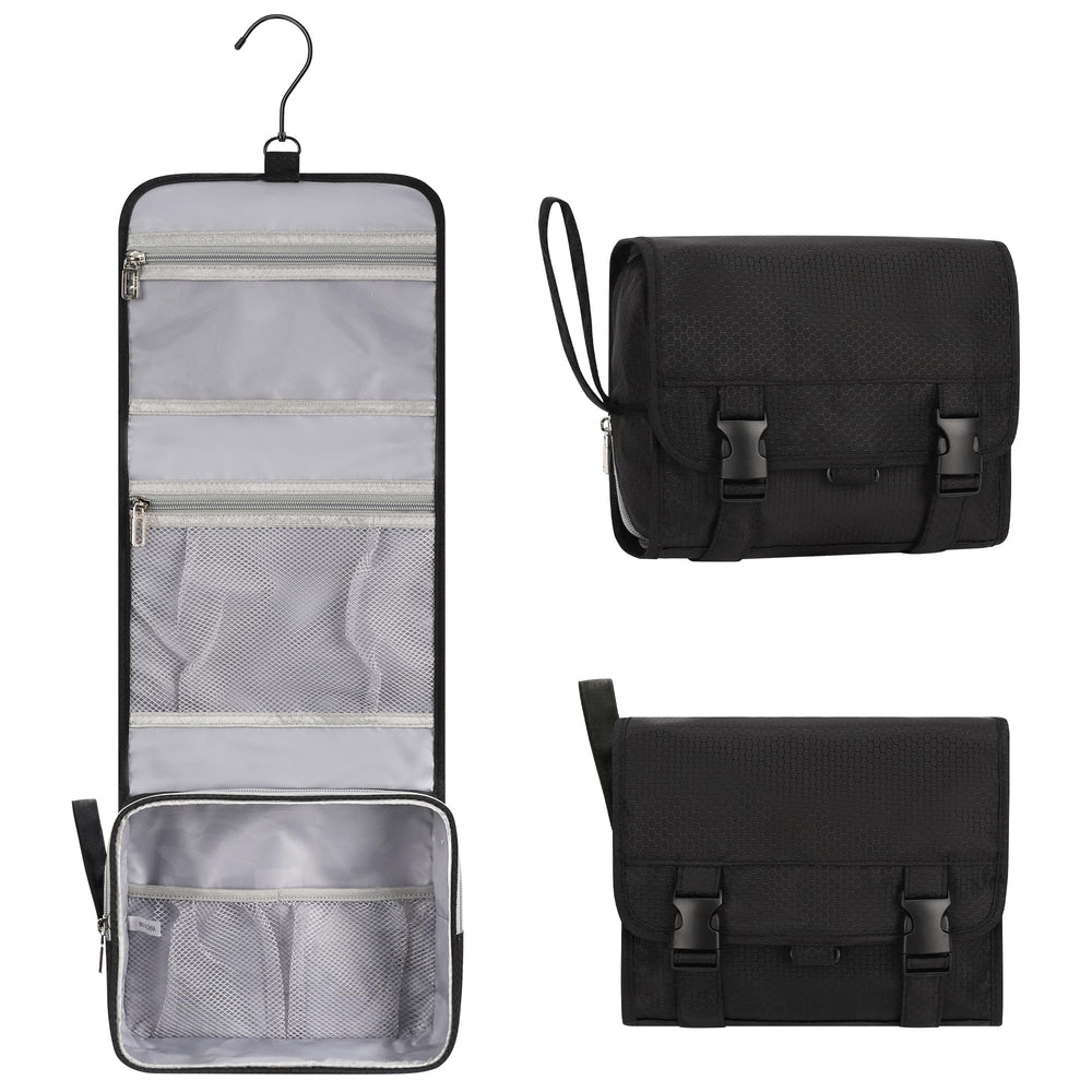 Relavel small hanging toiletry bag folded compact for easy travel storage.