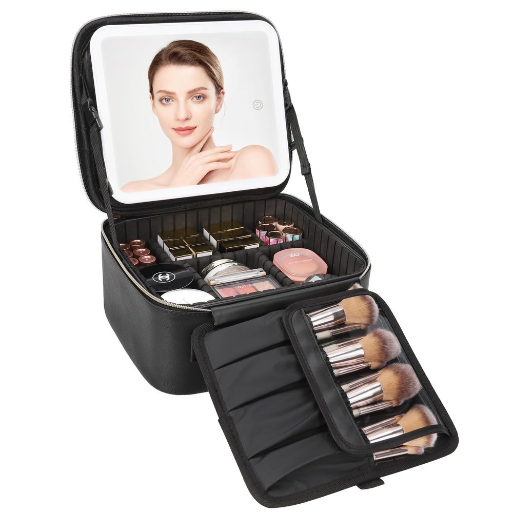 Relavel travel makeup bag with LED mirror open showing organized interior for on the go touch ups