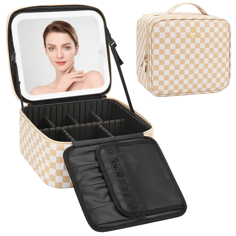 Relavel travel makeup bag with LED mirror open for on-the-go touch-ups.