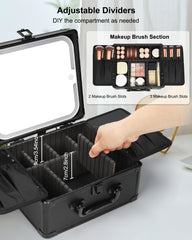 Relavel travel makeup case shows movable dividers for flexible organization.