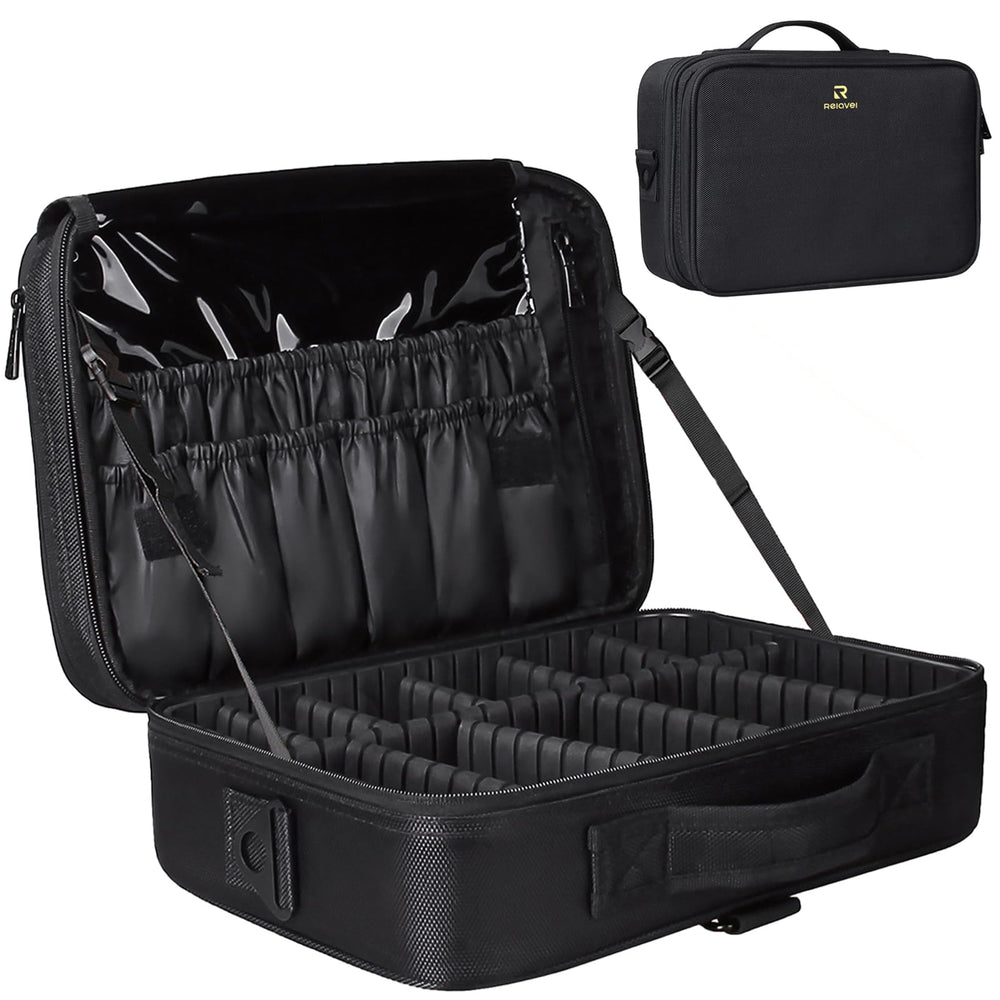 Relavel main compartment for cosmetics keeps items organized on the go.