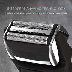Remington intercept shaving technology pre-trims longer hairs for a cleaner base.