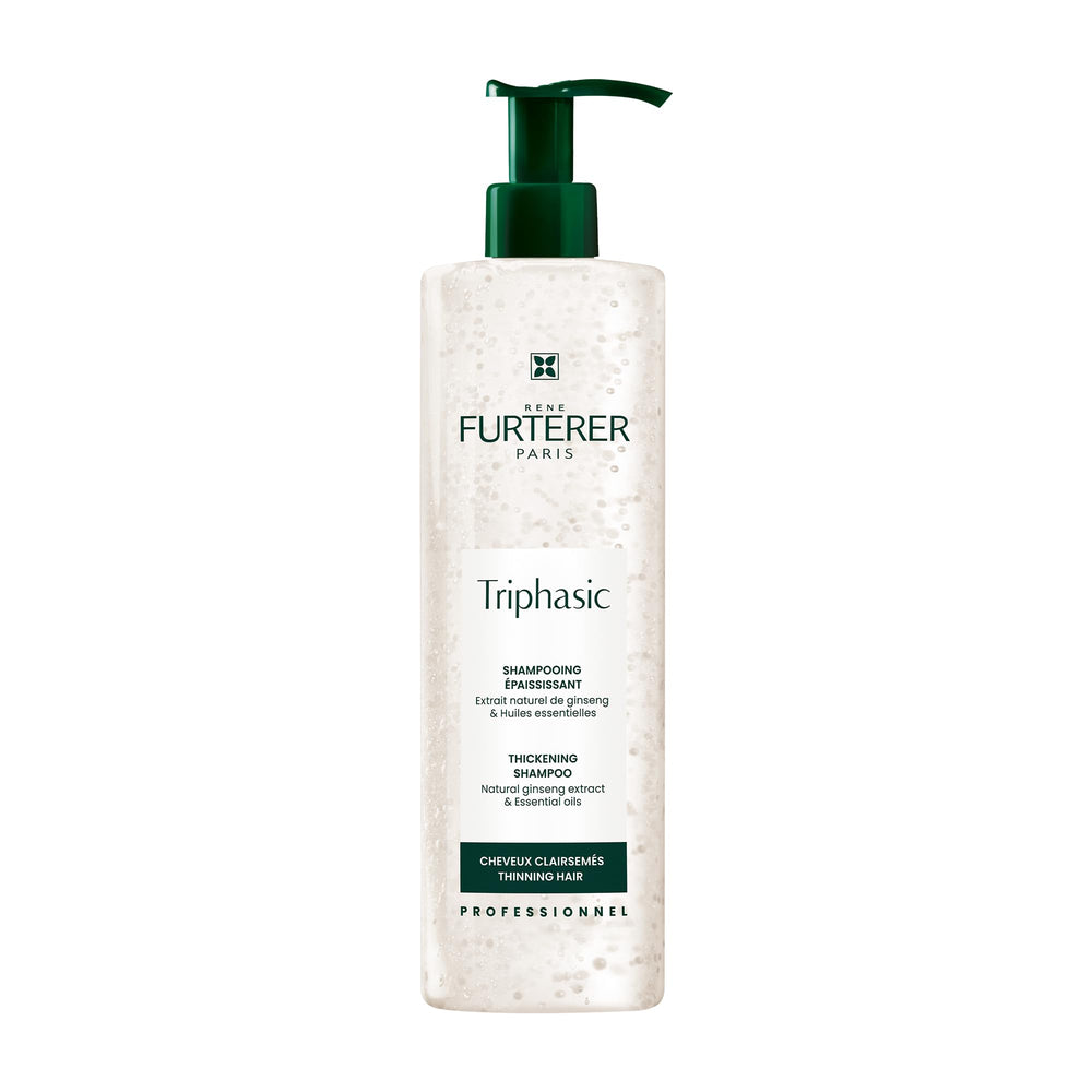 Rene Furterer Triphasic Thickening Shampoo bottle highlighting hair strength and resilience