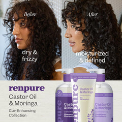Botella de acondicionador Renpure con ricino y moringa para cabello suave.