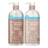 Renpure Coco y Vitamina E, frente de la botella, cuidado suave para cabello seco.