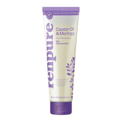 Renpure gel de aceite de ricino y moringa, frasco suave para rizos definidos y brillantes.