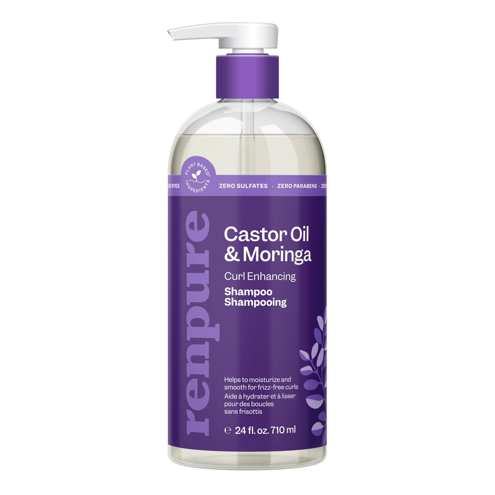 Renpure Moringa & Castor Shampoo bottle promotes moisturized, defined curls.