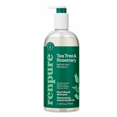 Renpure Tea Tree and Rosemary Shampoo label close-up highlighting natural ingredients.