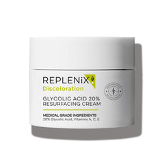 Replenix Glycolic 20% cream packaging shown, premium dermatologist-grade skincare.