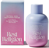Rest Religion retinal serum bottle on a clean vanity for smoother texture