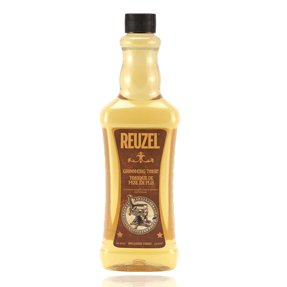 REUZEL Grooming Tonic bottle being poured for long-lasting natural hold.