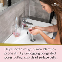 REVITALE Advanced Scrub Soap bar close-up showing texture and apricot kernel exfoliants for gentle care.