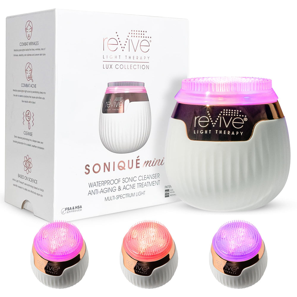 reVive Light Therapy Sonique Mini front view, compact, travel-ready facial cleanser