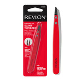 Revlon ceramic slanted-tip tweezers close-up for precise brow shaping and fine hair removal.