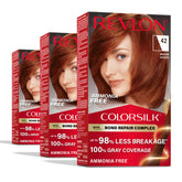 Revlon ColorSilk Auburn box front showing 42 Medium Auburn shade for strong gray coverage.