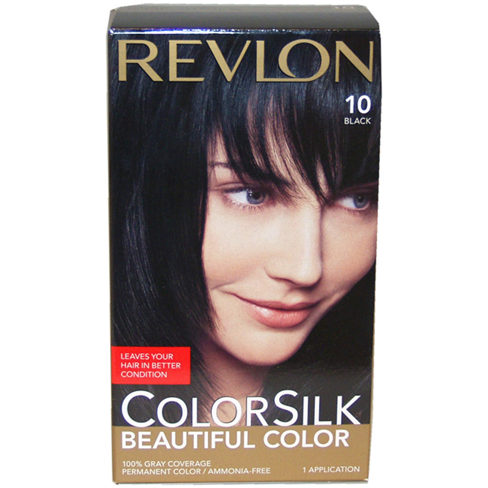 REVLON Colorsilk black hair color box with rich shade and even coverage.