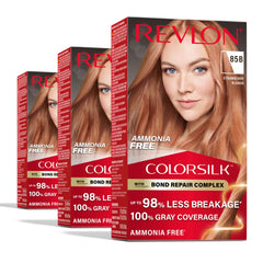 Revlon ColorSilk Bond Repair bottle pour shows ammonia-free color option for gray coverage