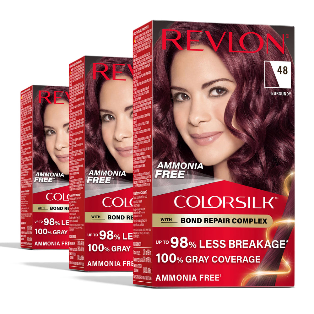 Revlon ColorSilk Burgundy box front view with gray coverage.