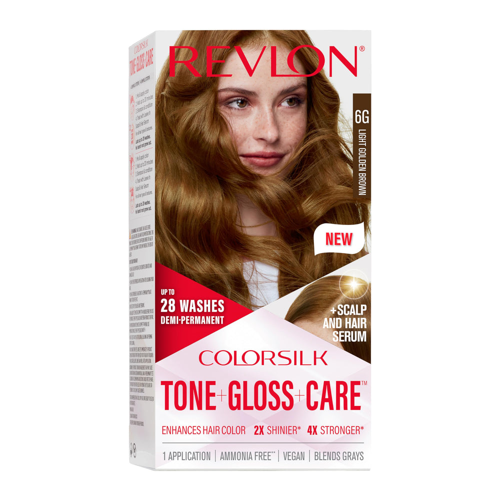 REVLON ColorSilk Tone + Gloss Care bottle shows rich shade for vibrant color.