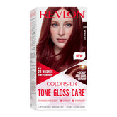 REVLON ColorSilk Tone Gloss Care bottle shows glossy shade options for vibrant color