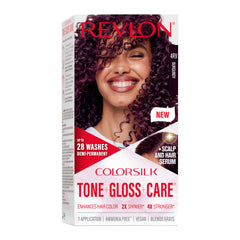 REVLON ColorSilk Tone + Gloss + Care dye kit packaging shows beginner-friendly color prep.