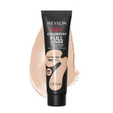 Revlon ColorStay Full Cover, tubo empaque, aplicación fácil para retoques diarios.