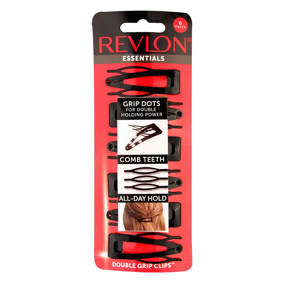 REVLON Double Grip Clips packaging showcases the 6-count black set for all-day hold.