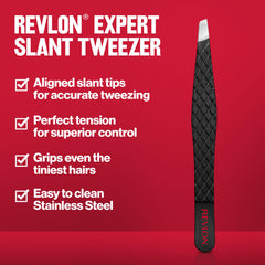 Close-up of REVLON Expert Slant Tweezer gripping tiny hairs with accuracy.
