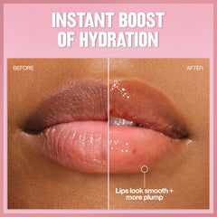 Brillo rosado de REVLON Glimmer Lip Oil en labios.