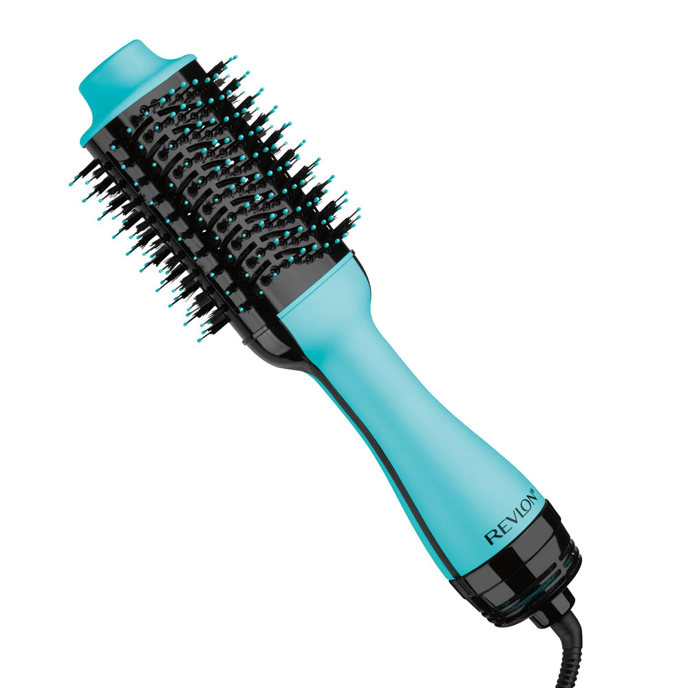 REVLON One-Step Volumizer Mint with oval brush smoothing hair and adding lift