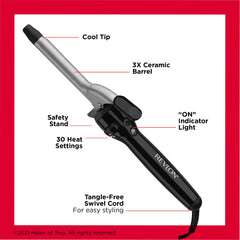 REVLON Perfect Heat curling iron shown beside mirror with smooth curl results.