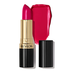 REVLON Super Lustrous Lipstick swatch shows creamy texture and rich color on lips.